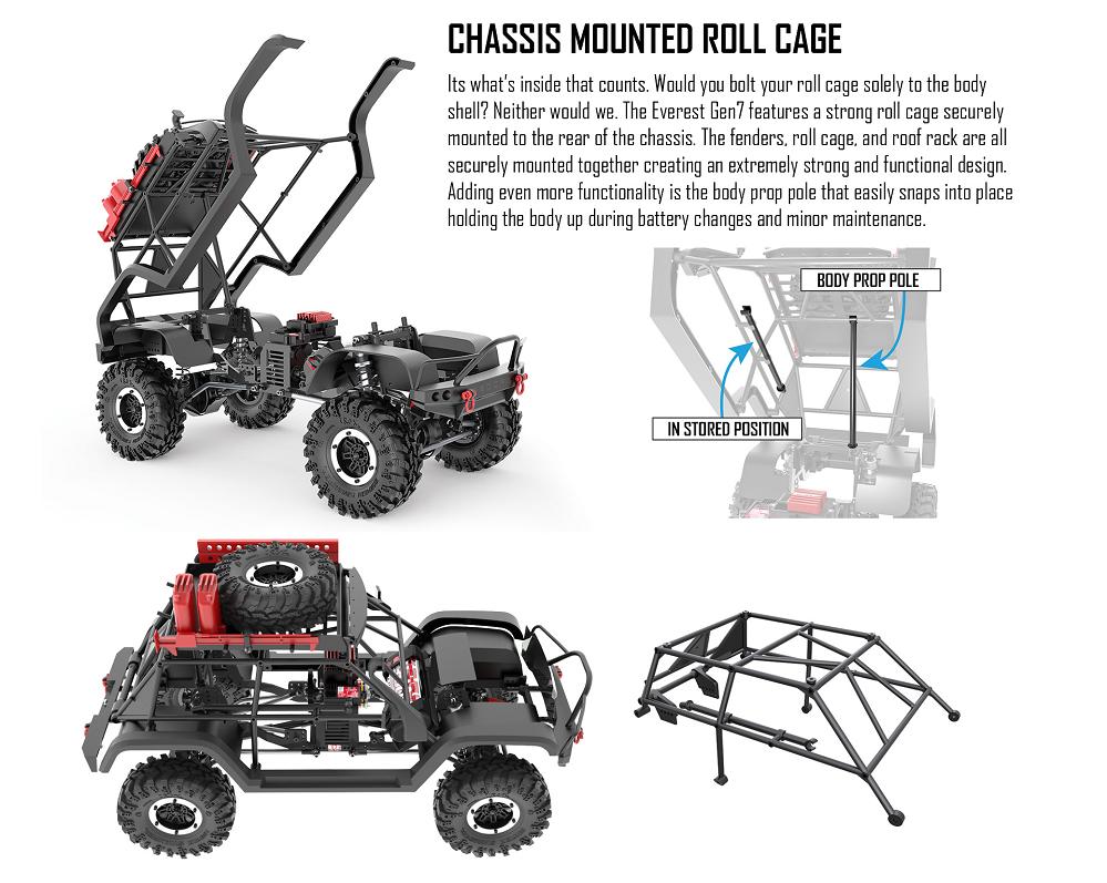 It's what's inside that counts. The Redcat Everest Gen7 features a strong roll cage securely mounted to the rear of the chassis.
