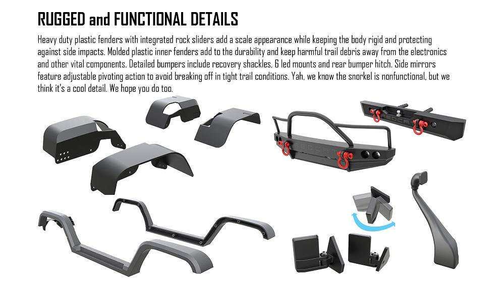 Heavy duty plastic fenders with integrated rock sliders add a scale appearance while keeping the Redcat Everest Gen7 body rigid and protecting against side impacts.