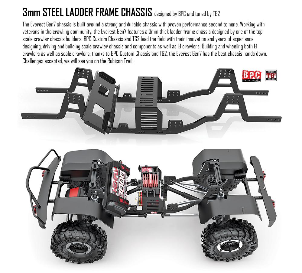 Working with veterans in the crawling community, the Everest Gen7 features a 3mm thick ladder frame chassis designed by one of the top scale crawler chassis builders.