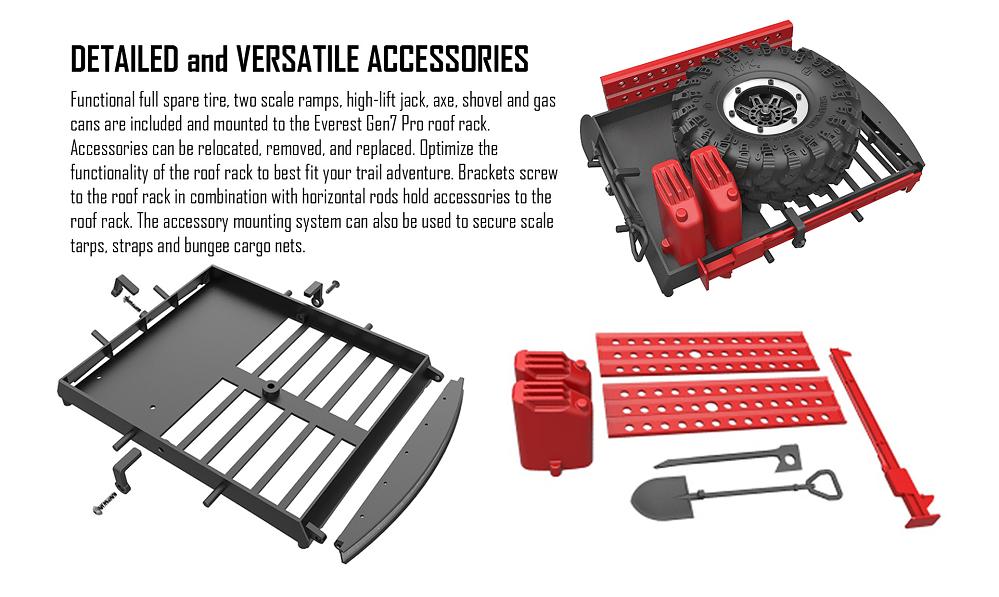 Functional full spare tire, two scale ramps, high-lift jack, axe, shovel and gas cans are included and mounted to the Everest Gen7 Pro roof rack.