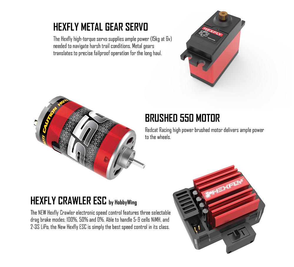 The Redcat Everest Gen7 Pro electronics have been well thought out, including a high power 550 brushed motor, 40A waterproof ESC and a Hexfly 15KG metal gear servo.