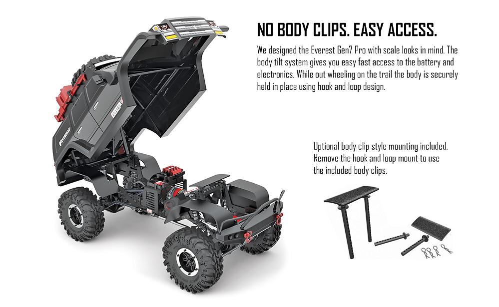 Redcat designed the Everest Gen7 Pro with scale looks in mind. The body tilt system gives you easy, fast access to the battery and electronics.