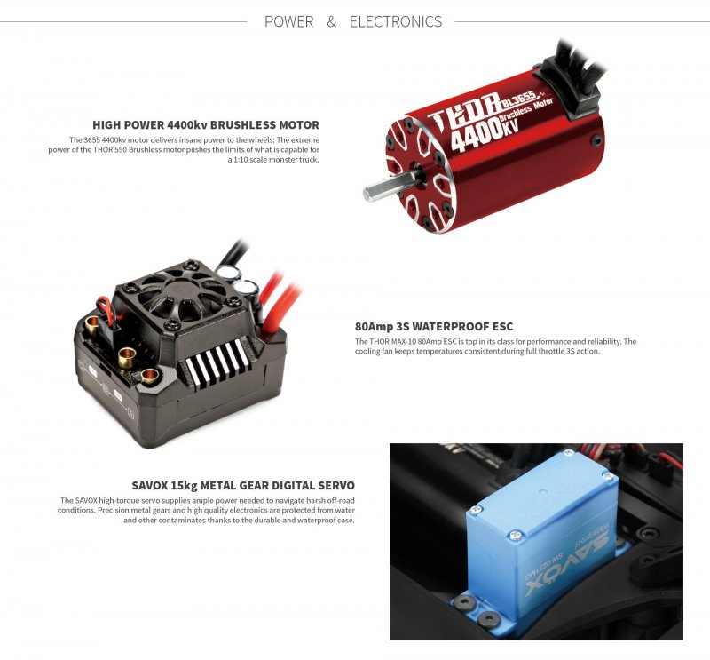 The Team Redcat TR-MT10E electronics have also been well thought out, including a high power 4400KV brushless motor, THOR 80A MAX10 3S waterproof ESC and a Savox 15KG metal gear digital servo.