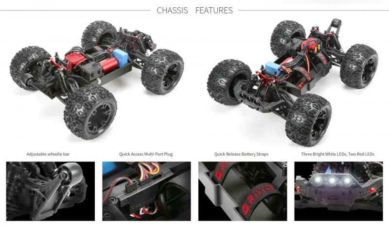 The Team Redcat TR-MT10E features an adjustable wheelie bar, quick access multi-port plug, quick release battery straps and LED lights that are built into the front bumper.