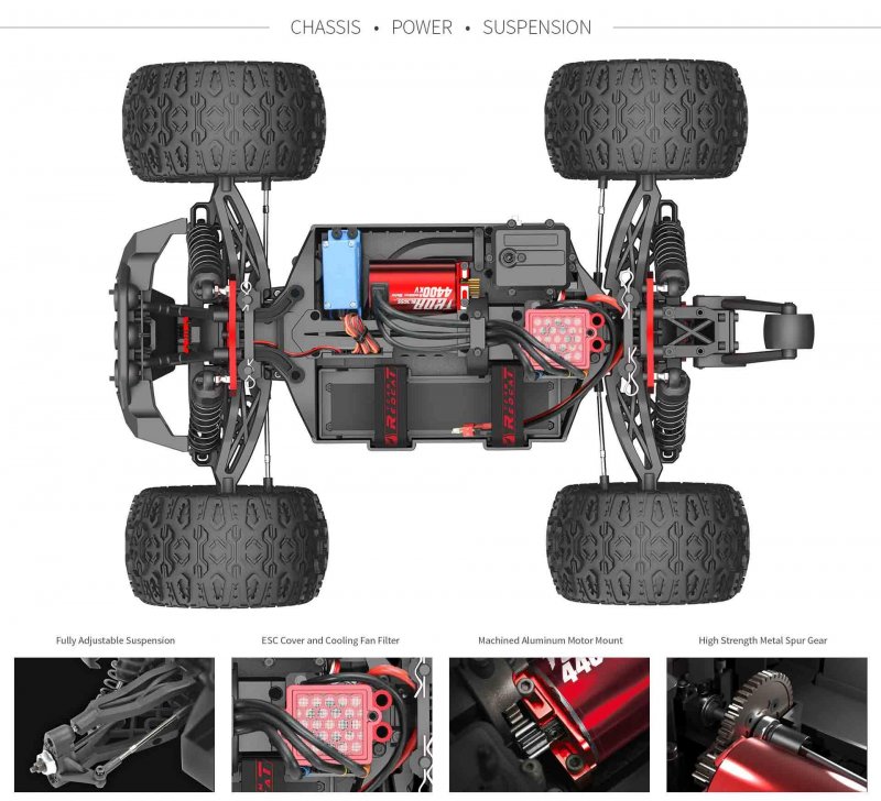 The Team Redcat TR-MT10E features fully adjustable suspension, ESC cover & cooling fan filter, machined aluminum motor mount and a high strength metal spur gear.