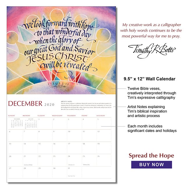 2020 Calendar by Tim Botts, Christ in You The Hope of Glory