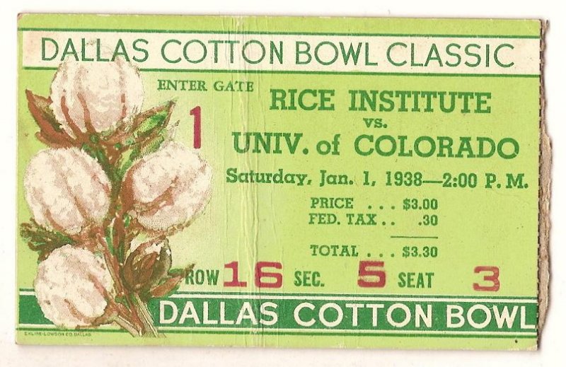Image 0 of 1938 2nd Annual Cotton Bowl ticket stub Rice Colorado