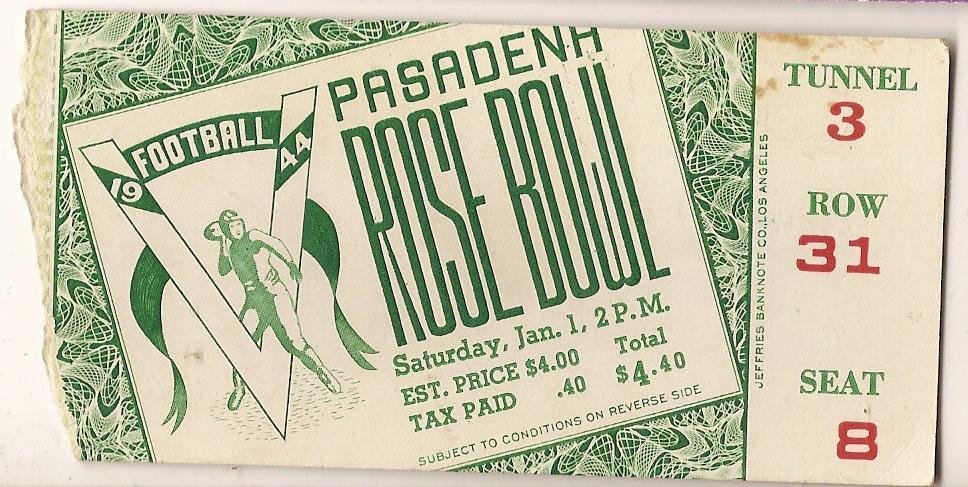 Front of 1944 Rose Bowl ticket stub green player graphic Tunnel 3 Row 31 Seat 8