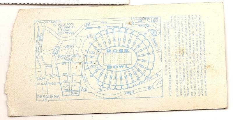 Back of 1944 Rose Bowl ticket stub blue ink map layout Pasadena Brookside Park