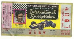 1972 Indianapolis 500 Mile Race Ticket Stub Mark Donohue winner
