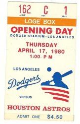 1980 Dodgers Opening Day Ticket Stub vs Houston