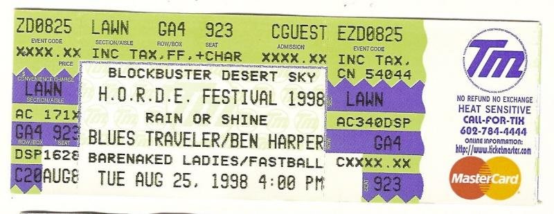 Image 0 of Blues Traveler Ben Harper August 25th 1998 Full Unused ticket