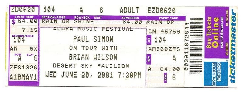 Image 0 of PAUL SIMON BRIAN WILSON June 20th 2001 Full Unused Ticket
