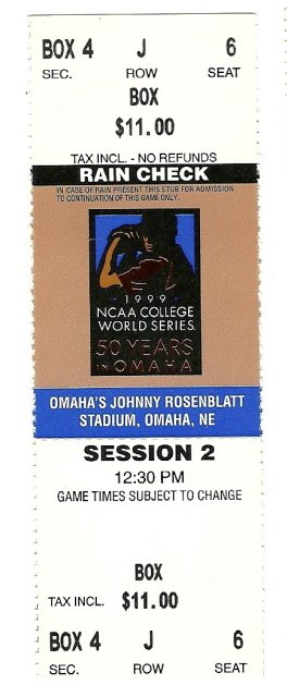 1999 College Baseball World Series Session 2 Full unused Ticket CWS