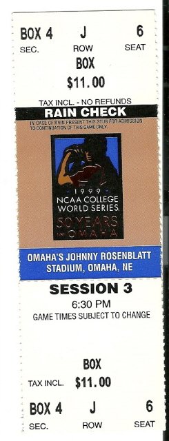 1999 College Baseball World Series Session 3 Full unused Ticket CWS