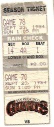 1984 Los Angeles Dodgers @ San Francisco Giants ticket stub Sept 23rd
