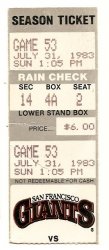 1983 Los Angeles Dodgers @ San Francisco Giants ticket stub July 31st 3 Hitter