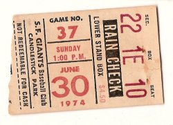 1974 Los Angeles Dodgers @ San Francisco Giants ticket stub June 30th