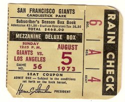 1973 Los Angeles Dodgers @ San Francisco Giants ticket stub August 5th