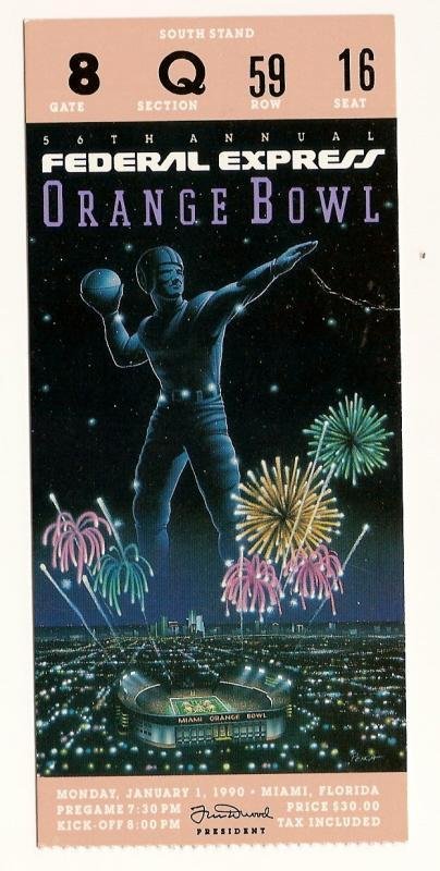 1990 Orange Bowl Game Ticket Stub Colorado Notre Dame