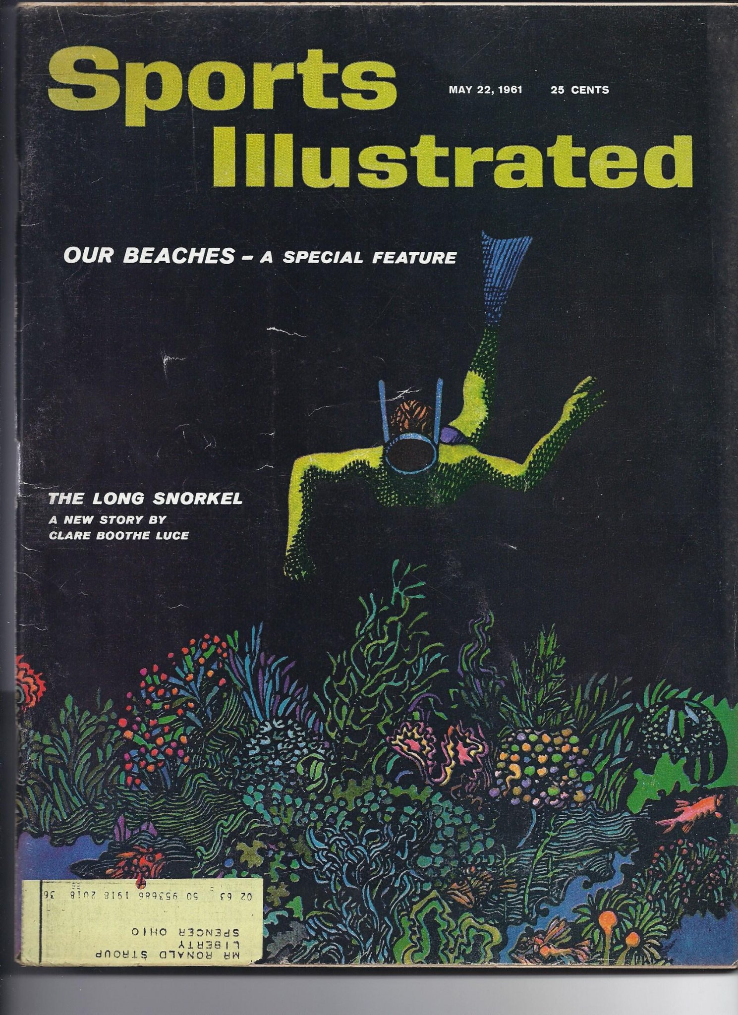Front cover of May 22, 1961 Sports Illustrated magazine featuring an illustration of a snorkeler over a coral reef with a mailing label on the bottom left