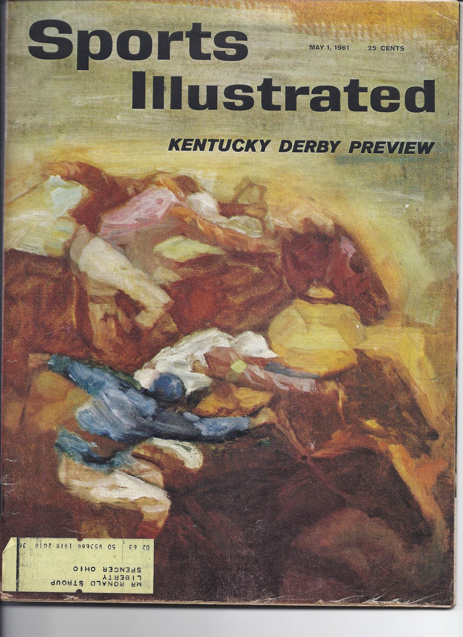 Front cover of May 1, 1961 Sports Illustrated magazine featuring an oil painting of horse racing jockeys with a mailing label on the bottom left