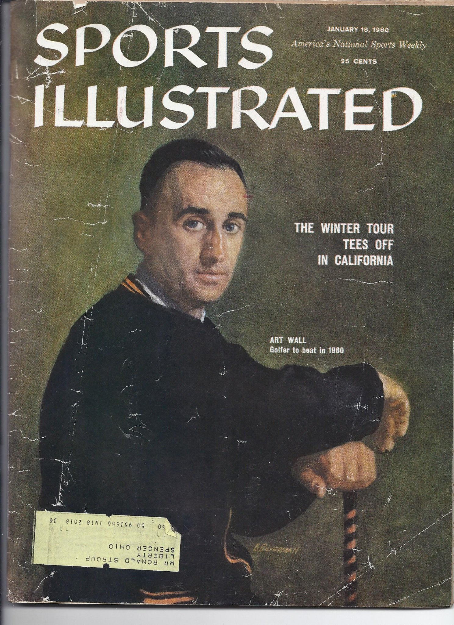 Front cover of January 18, 1960 Sports Illustrated magazine featuring a painted portrait of golfer Art Wall with a mailing label on the bottom left