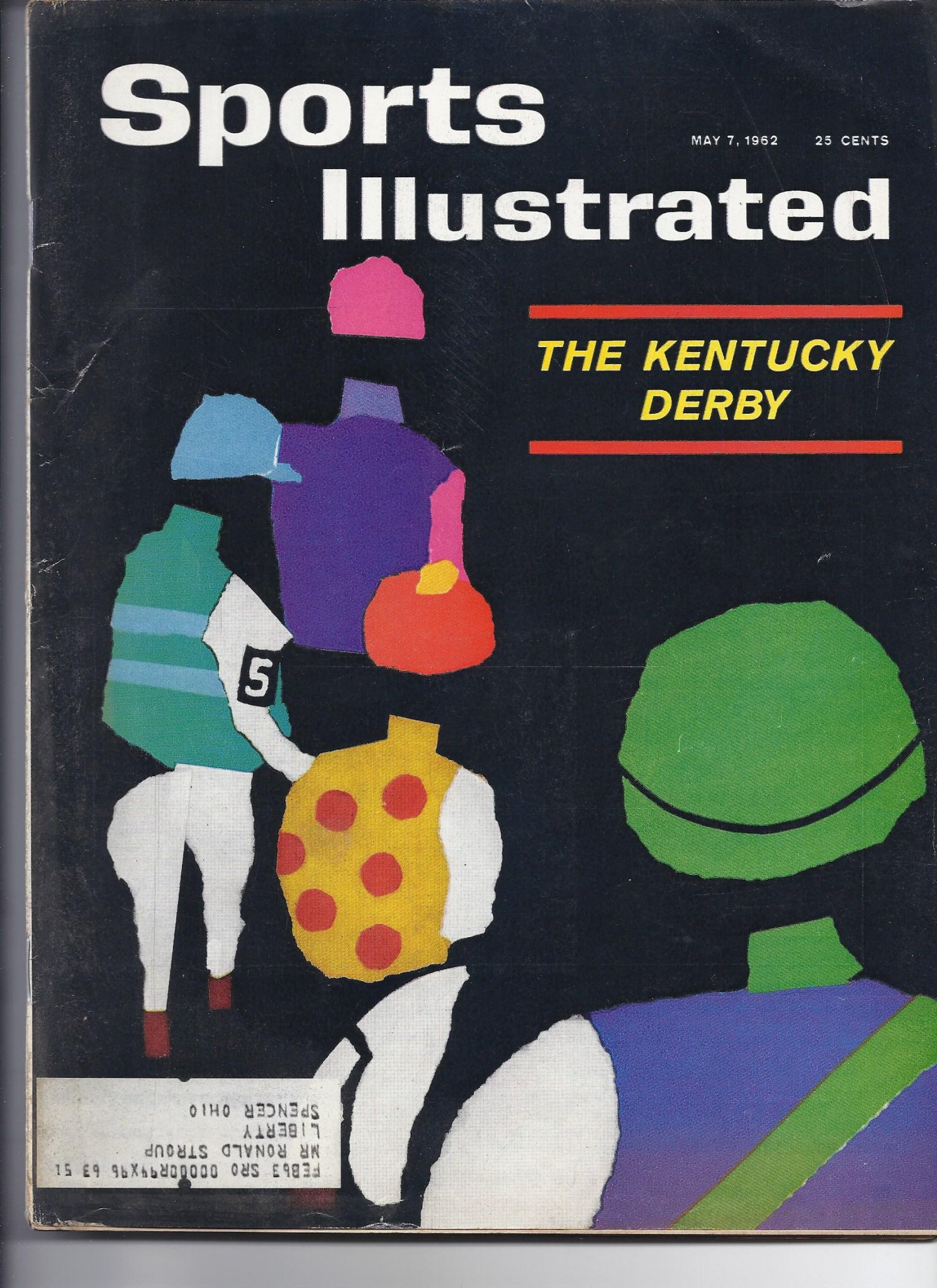 Front cover of the May 7, 1962 issue of Sports Illustrated magazine featuring an artistic jockey silks collage for the Kentucky Derby preview.