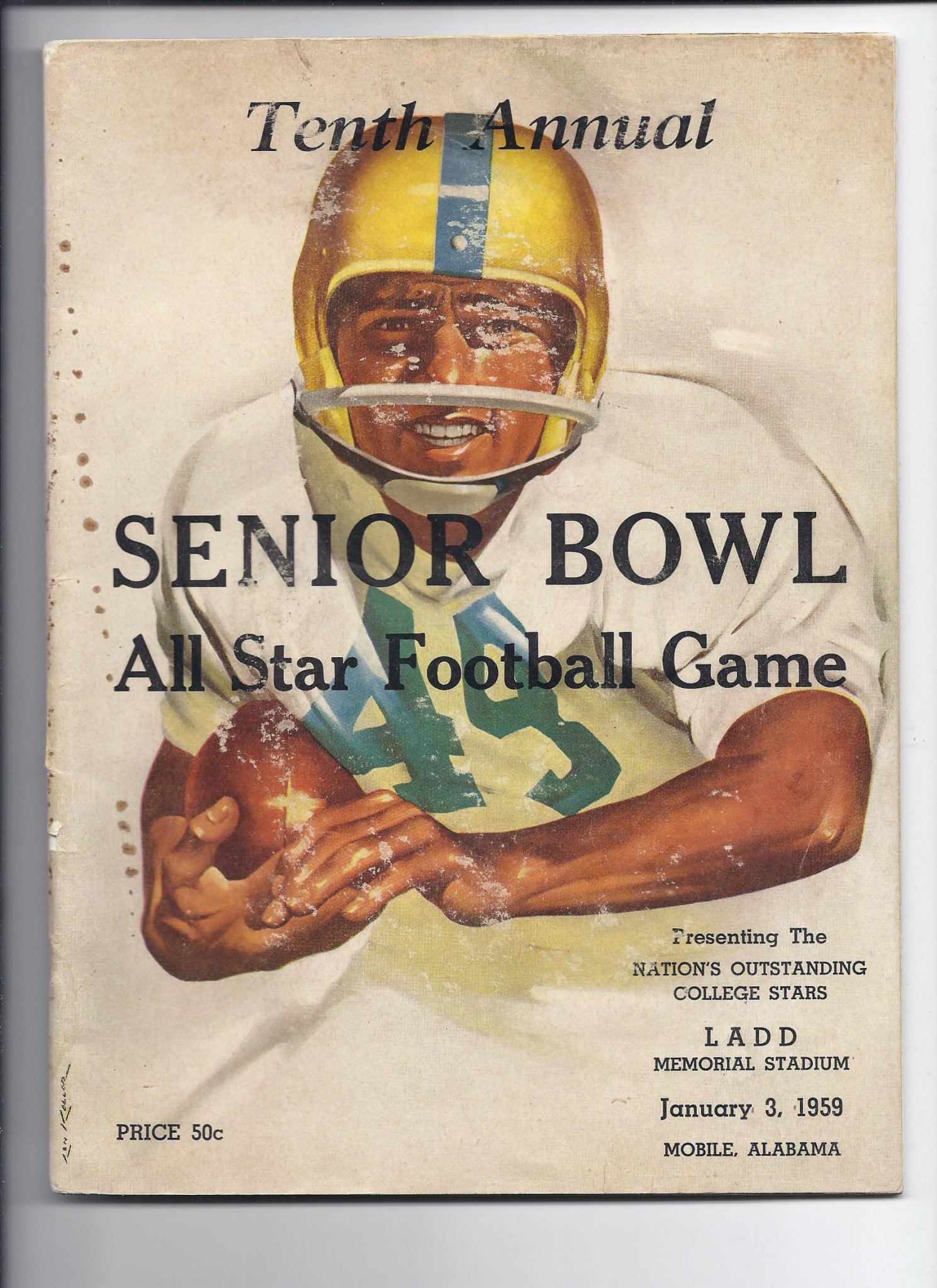 Front cover of the 10th Annual 1959 Senior Bowl All-Star Football Game official program featuring a football player illustration by Lon Keller
