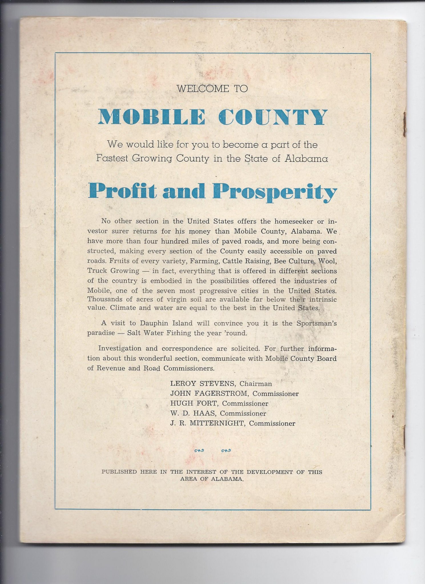 Back cover of the 1959 Senior Bowl program displaying a Mobile County development advertisement detailing profit and prosperity