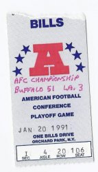 1990 AFC Championship Ticket Stub Raiders @ Bills 1 20 91