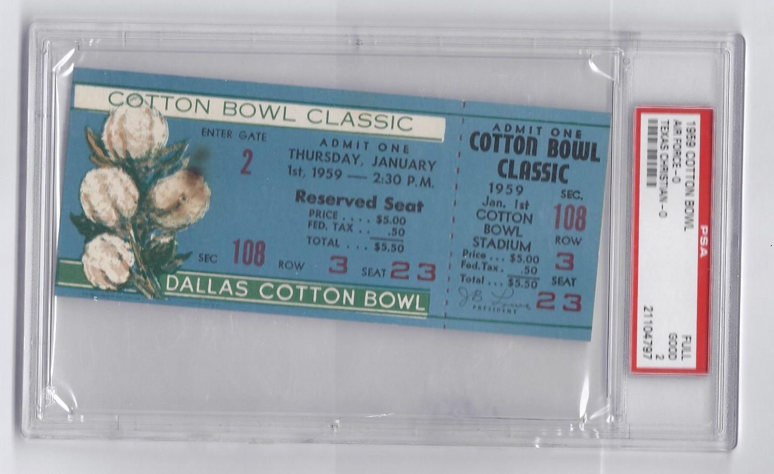Front of a PSA-graded 1959 Cotton Bowl full unused ticket rated PSA 2 GOOD, showing Section 108 seat details