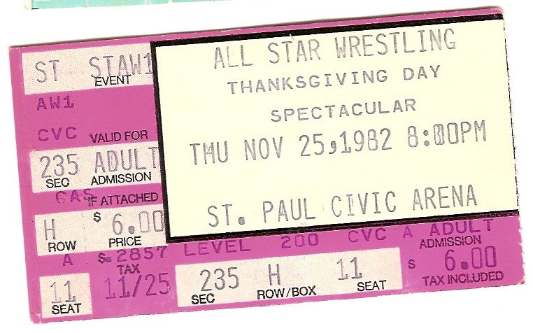 1982 All Star Wrestling ticket stub St. Paul Civic Arena Minnesota 11 25 82
