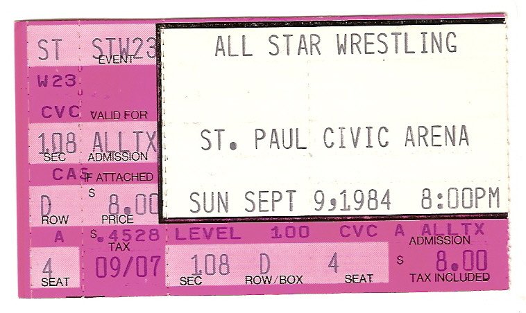 1984 All Star Wrestling ticket stub St. Paul Civic Arena Minnesota 9 9 84