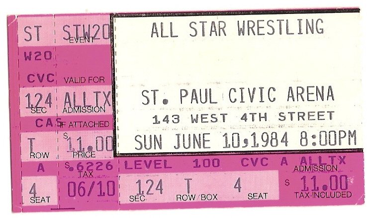 1984 All Star Wrestling ticket stub St. Paul Civic Arena Minnesota 6 10 84