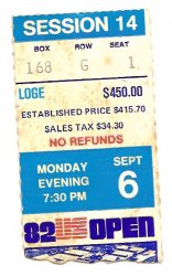 1982 Tennis US Open ticket stub Night Session 14 September 6th