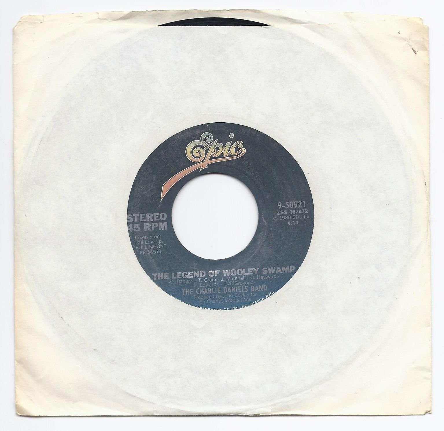 Reverse side vinyl face and center label featuring The Legend of Wooley Swamp by the Charlie Daniels Band.
