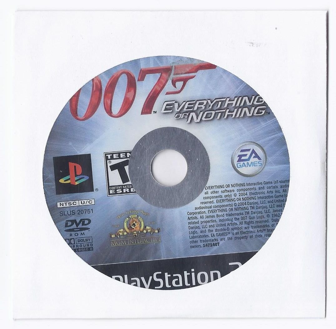 Front data surface view of the authentic James Bond 007 Everything or Nothing original Sony PlayStation 2 video game disc only.