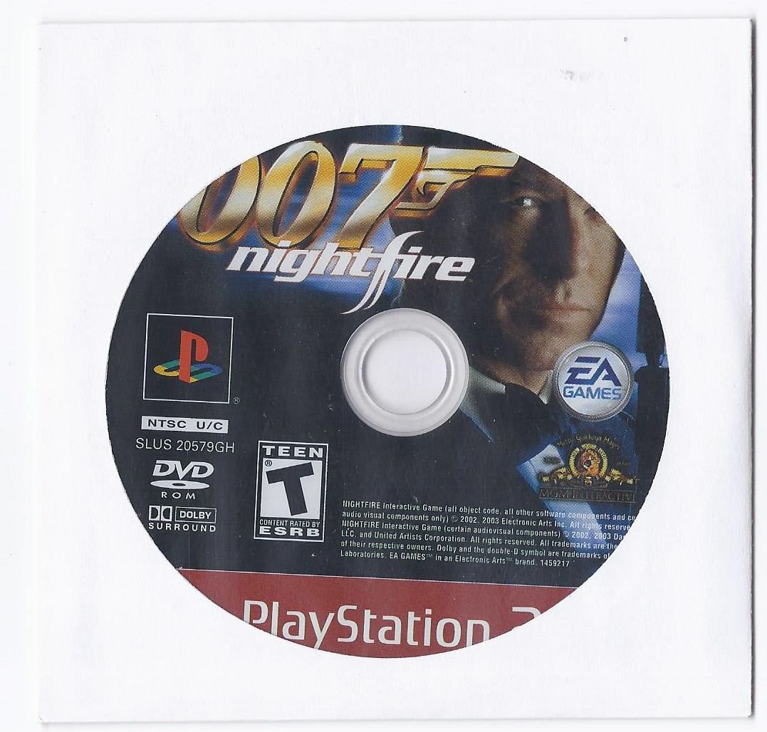 Front data surface view of the authentic James Bond 007 Nightfire Greatest Hits red label original Sony PlayStation 2 video game disc only.