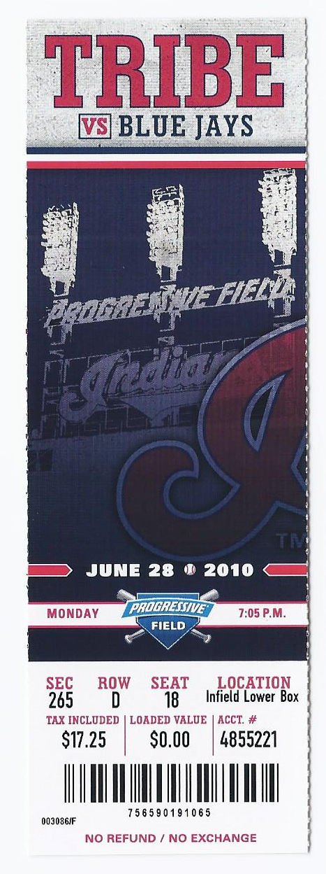 Image 0 of 2010 Blue Jays @ Indians Full Unused Ticket June 28th Progressive Field