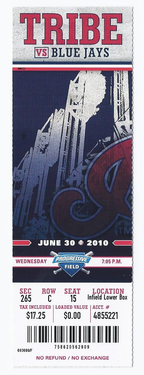 Image 0 of 2010 Blue Jays @ Indians Full Unused Ticket June 30th Progressive Field