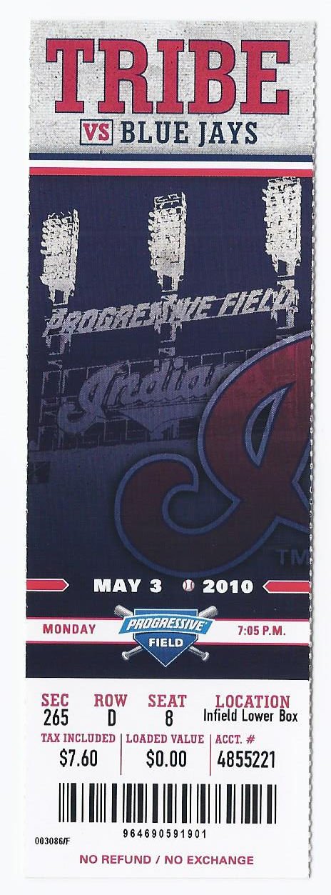 Image 0 of 2010 Blue Jays @ Indians Full Unused Ticket May 3rd Progressive Field