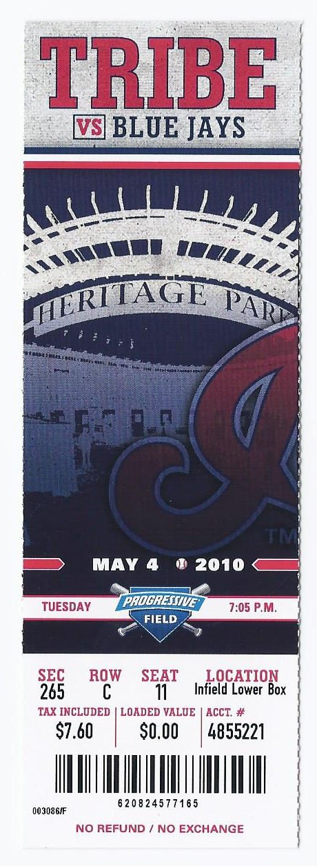 Image 0 of 2010 Blue Jays @ Indians Full Unused Ticket May 4th Progressive Field