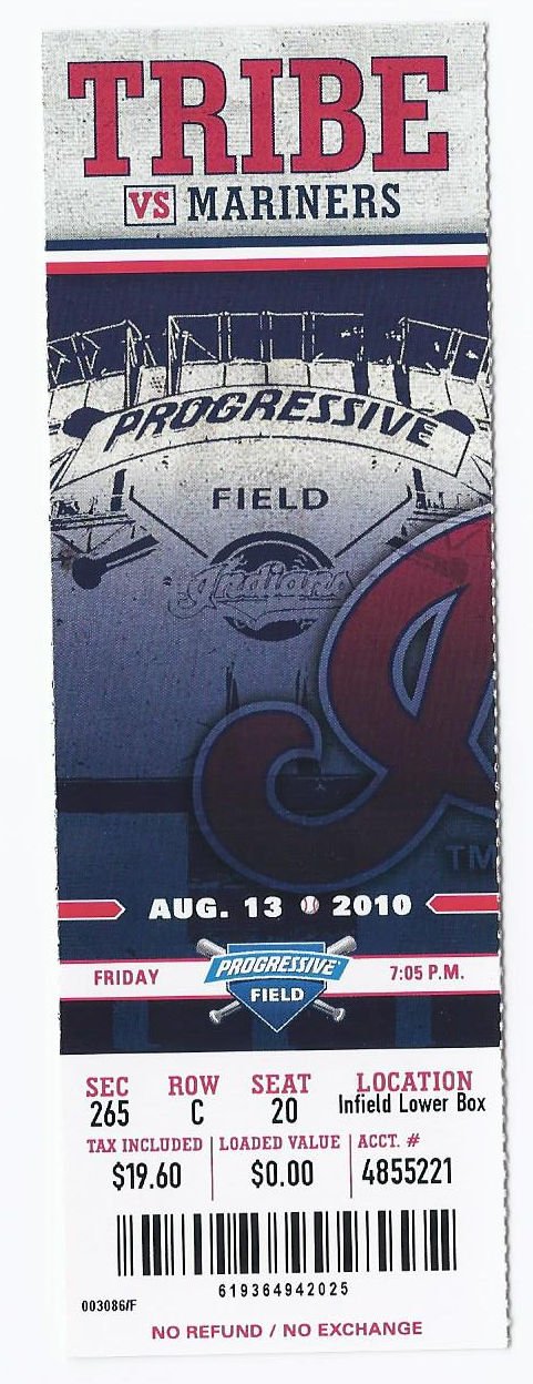 Image 0 of 2010 Mariners @ Indians Full Unused Ticket August 13th Progressive Field