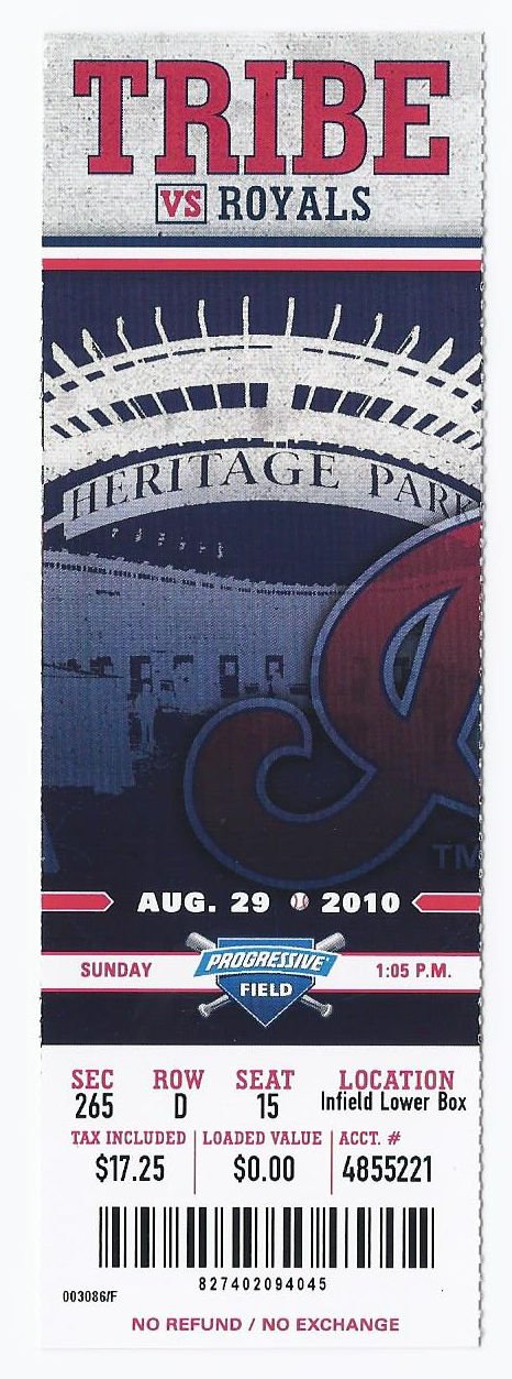 Image 0 of 2010 Royals @ Indians Full Unused Ticket August 29th Progressive Field