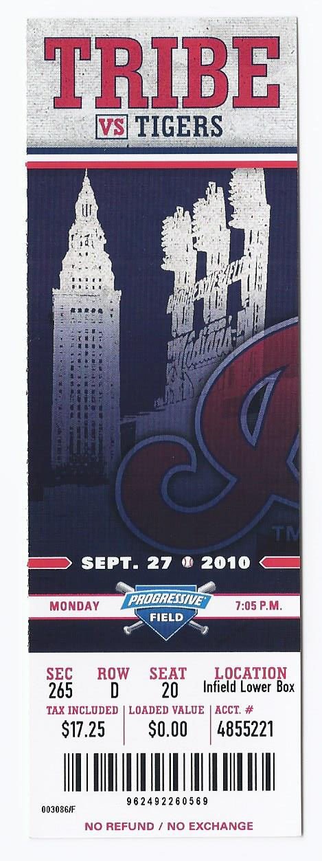 Image 0 of 2010 Tigers @ Indians Full Unused Ticket September 27th Progressive Field