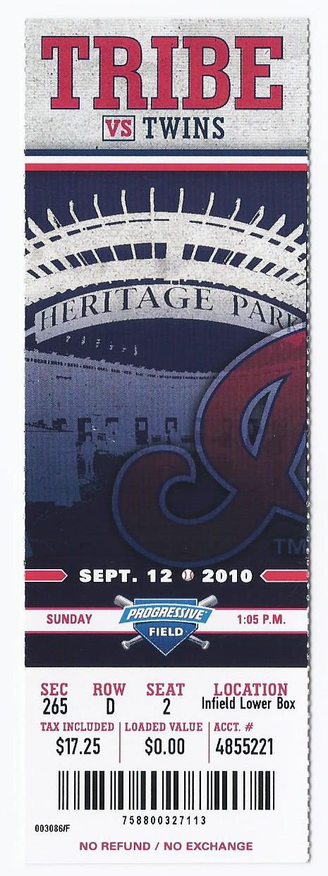 Image 0 of 2010 Twins @ Indians Full Unused Ticket September 12th Progressive Field
