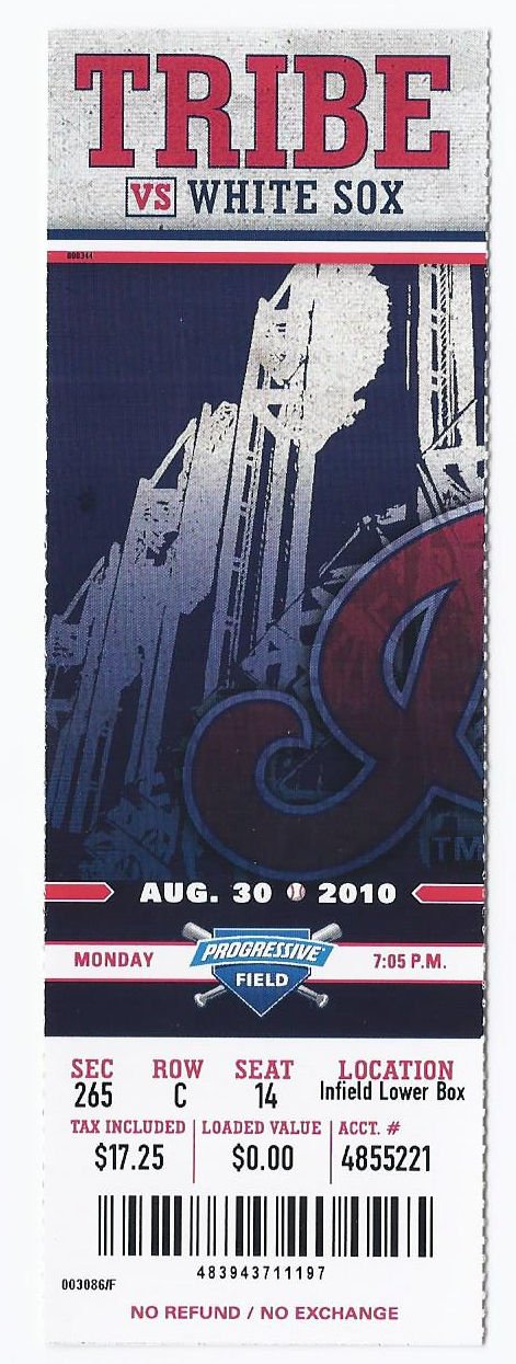 Image 0 of 2010 White Sox @ Indians Full Unused Ticket August 30th Progressive Field