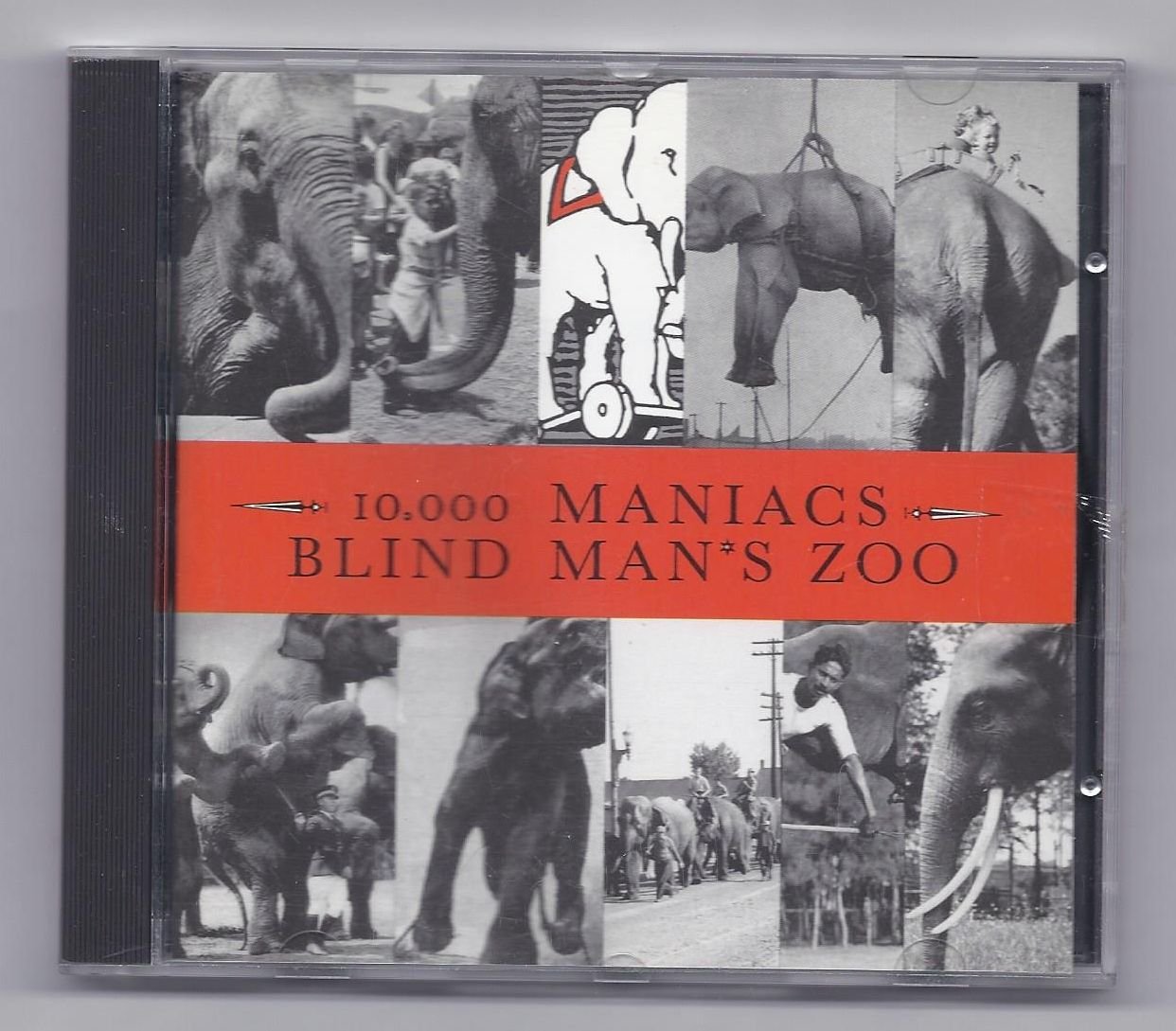 Front cover artwork of the 10,000 Maniacs Blind Man's Zoo CD showing the red title band over black and white elephant collage photos.