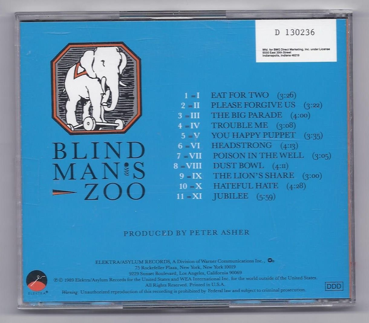 Back cover inlay card of the 10,000 Maniacs Blind Man's Zoo CD showing the tracklist and the white BMG Direct Marketing identifier box D130236.